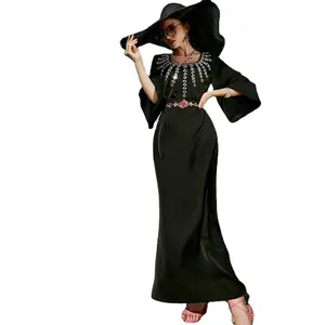 2022 islamic women clothing Black front full diamond dress with belt middle Eastern Arabian dress modern abaya style