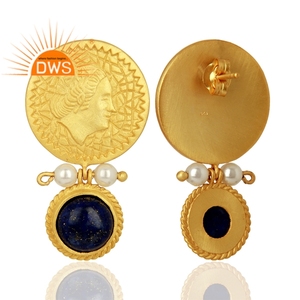 Pendientes colgantes de plata tallada a mano, proveedor de joyas chapadas en oro, pendientes de piedras preciosas de lapislázuli de diseñador - Product Image 2