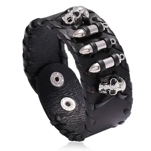 Skerwal Jewelry Punk Leather Cuff Bracelet Bullet Skull Design Bracelet Wristband Adjustable Size Wide Bangle for Men Boy