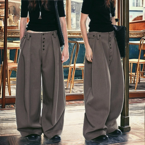 Pantalon décontracté unisexe rétro en toile unie plissée au milieu, anti-plis, respirant, écologique, à braguette boutonnée rapide - Product Image 2