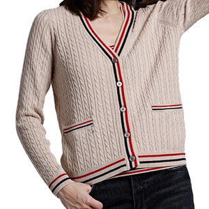 Cardigan en tricot 100 % coton pour <span class=keywords><strong>femme</strong></span>, personnalisé, col en V, boutonné, maille torsadée, haute qualité 12GG, collection Printemps-Automne, OEM, vente en gros - Product Image 3