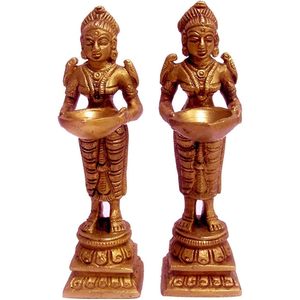PARIJAT HANDICRAFT's Gold Brass Matt Finish Deeplaxmi Showpiece Home Kitchen Decor un par para Pooja Aarti - Product Image 2