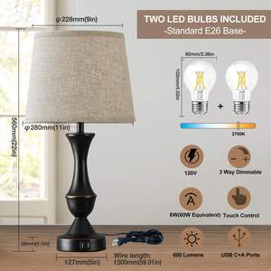 โคมไฟ LED ตั้งโต๊ะดีไซน์แบบสัมผัสขนาด2 22 ", โคมไฟข้างเตียงสูง/ข้างเตียงโคมไฟ USB C + A พอร์ตหรี่แสงได้3ทาง - Product Image 2