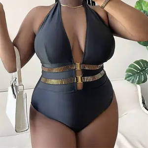 4XL Halter kadın mayo tek parça siyah Bikini ekstra büyük altın kemer Bikini seti seksi Push Up mayo
