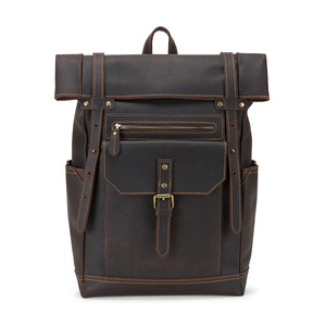 Custom Made Crazy Horse Leather <b>Backpack</b> Men Large Capacity Laptop Bag Casual Travel Shoulder <b>Straps</b> Solid Color 20L and Below - Product Image 5