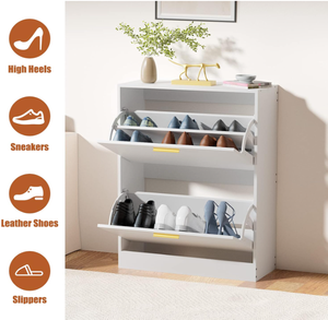 Meuble à chaussures pour entrée, fin, blanc, organisateur de chaussures dissimulé avec 2 tiroirs rabattables, en bois, étroit, 2 niveaux, autoportant - Product Image 4