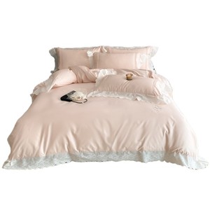 French Style Luxury Long Staple Cotton Four Piece <b>Bedding</b> Set With Lace Trim Solid Color Plants And Flowers Breathable Warm - Product Image 3