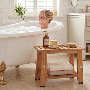 Ti Zun Wooden Shower Stool Solid Wood Double Layer <b>Storage</b> Bathroom Bench With Towel Rack And Shelf For <b>Bath</b> Toiletries - Product Image 3