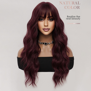 <span class=keywords><strong>Parrucca</strong></span> Lunga Ondulata Rosso Scuro con Frangia per Donne, in Fibra di Seta Resistente al Calore, Realizzata a Macchina, per Uso Quotidiano, Stile Lolita, 26 Pollici - Product Image 3