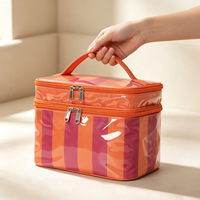Nouvelle Trousse de Toilette de Voyage Imperméable en PVC Transparent avec Fermeture Éclair Double Couche et Rayures, Organisateur de Maquillage Portable