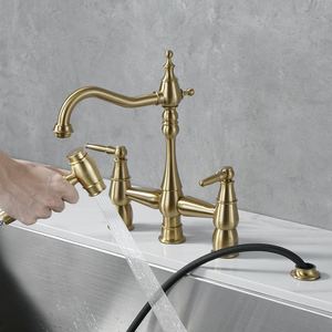 Латунные кухонные краны в европейском стиле с 4 отверстиями, кухонный кран с выдвижным боковым распылителем - Product Image 3