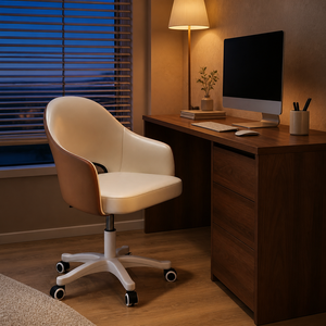 Chaise de salle à manger pivotante à dossier moyen en cuir PU avec roulettes - Chaise de bureau et de maquillage réglable (Bleu) - Product Image 6