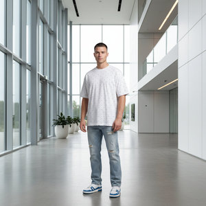 T-shirt girocollo da <span class=keywords><strong>uomo</strong></span> oversize in cotone a pois bianchi e <span class=keywords><strong>neri</strong></span>, lavorato a maglia, anti-piega, casual, a maniche corte, OEM ODM - Product Image 2