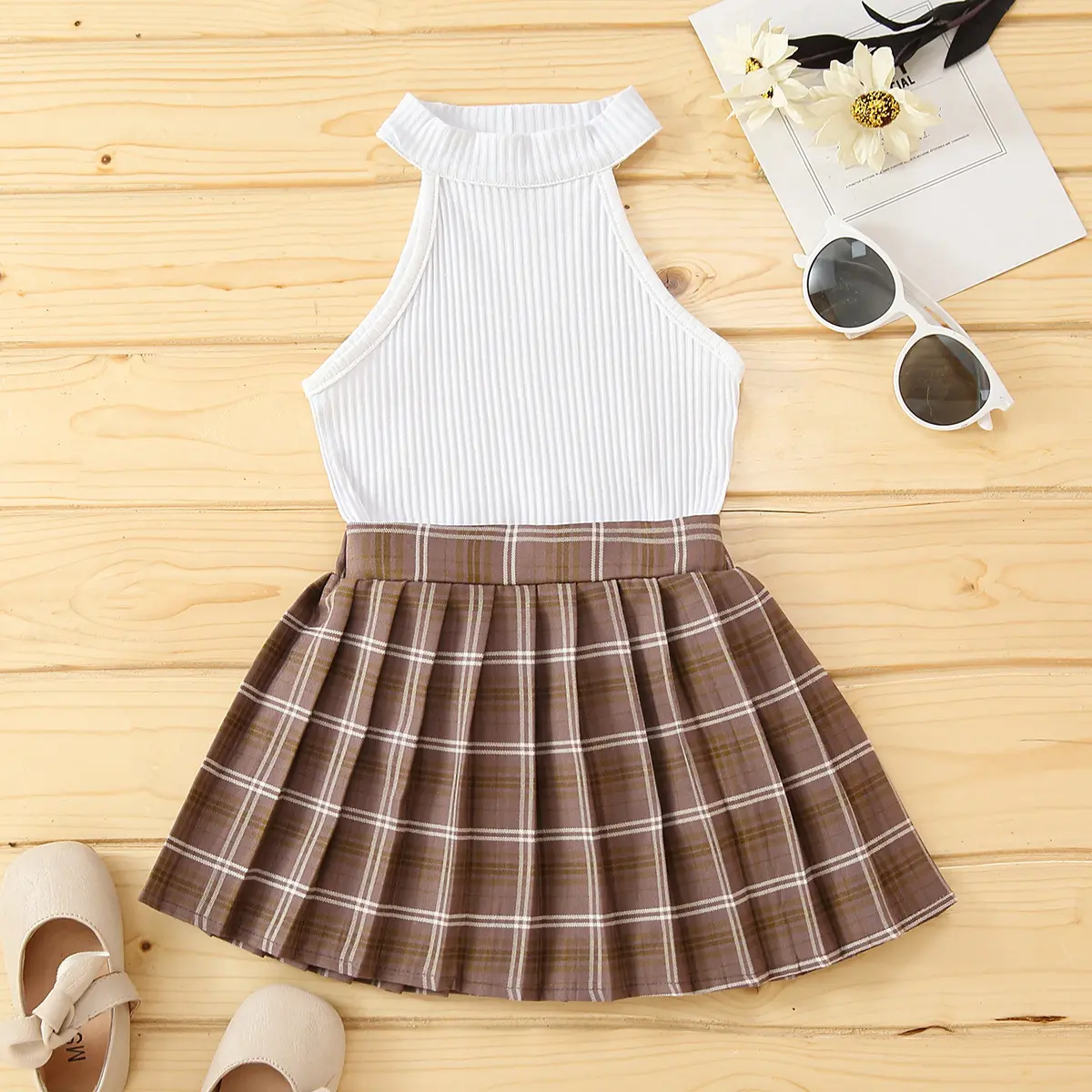 2022 Summer Kids Baby Girl Clothes Solid Color Ribbed Sleeveless Tops and Plaid Printed Mini Pleated Skirt Set Outfit