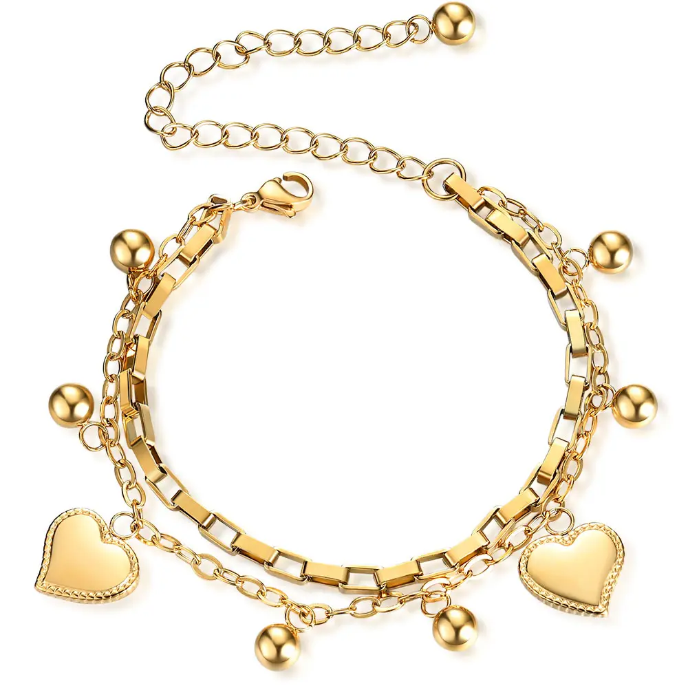 PAVA Heart-pulsera ajustable multicapa de acero y titanio, pulsera de cuentas de corazón chapadas en oro de 18K