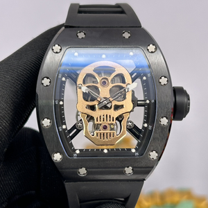 Reloj Mecánico Automático de Lujo con Esqueleto Visible, Caja de Fibra de Carbono Negra en Forma de Tonneau, Correa de Silicona, Venta al por Mayor - Product Image 1