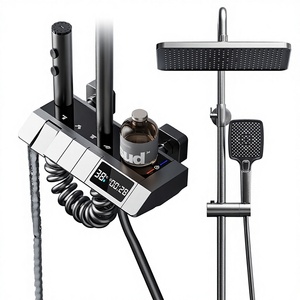 Ensemble <span class=keywords><strong>de</strong></span> <span class=keywords><strong>douche</strong></span> mural gris anthracite en cuivre <span class=keywords><strong>de</strong></span> haute qualité avec <span class=keywords><strong>barre</strong></span> coulissante, design carré, thermostatique et pressurisé - Product Image 1