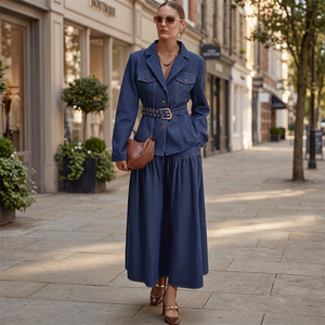 Trendy Casual Summer Daily Wear Denim Skirt Set <b>Women's</b> V-neck <b>Jacket</b> A-line Maxi Skirt Two Piece Button Belt Solid Eco-Friendly - Product Image 3