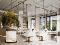 Service de design d'intérieur de salon de coiffure de luxe industriel moderne, système d'affichage de miroirs suspendus sur mesure et aménagement de boutique