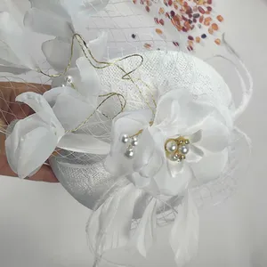 Women White Wedding Bridal Lace Top Flower And Pearl Feather Phillbox Tea Party Fascinator Hat With Veil