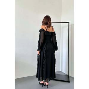 Robe de soirée en mousseline de soie noire à volants en gros - Product Image 1