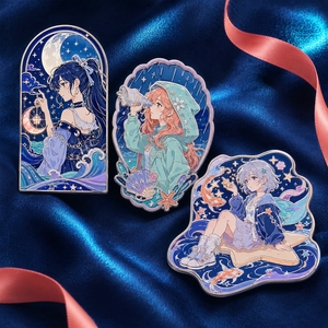 Set de Pins de Esmalte Duro Personalizados de Anime Moonlit Tide: Chica Anime, Ola Lunar, Noche Estrellada, Pins de Solapa de Metal Plateado - Product Image 1