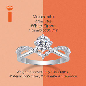 خاتم خطوبة من الفضة عيار 925 مرصع بحجر الموزانيت، لون D بدرجة نقاء VVS، وزن 1 قيراط، خاتم زفاف ووعد للنساء - Product Image 6