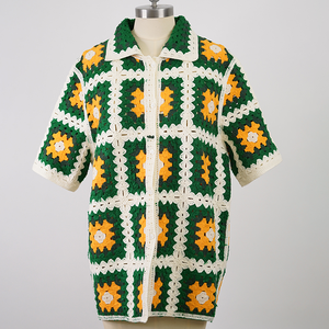 <span class=keywords><strong>Polo</strong></span> Vintage con Bottoni e Collo a V, Aderente, Estiva a Maniche Corte, in Maglia Aperta, Casual in Cotone <span class=keywords><strong>Jacquard</strong></span> all'Uncinetto - Product Image 3