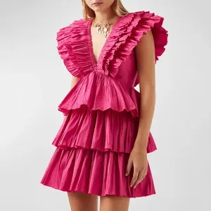 Rhythmic V-Neck Frilled Mini Dress Sleeveless Wide Shoulders A-line Dress Tiered Ruffle Taffeta Club Party Evening Dress