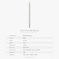 Stylo bille en métal personnalisé avec logo, pointe torsadée 1,0 mm, finition miroir, promotionnel, vente en gros