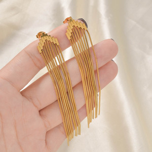 Boucles d'oreilles pendantes fantaisie minimalistes à longues pampilles en acier inoxydable plaqué or 18 carats, bijoux de mode tendance pour femmes, vente en gros - Product Image 4