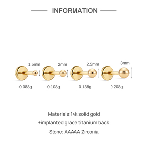 Piercing labret/lèvre minimaliste en or massif 14 carats avec zircon poli et dos plat en titane G23, boucles d'oreilles confortables pour usage quotidien pour femmes - Product Image 4