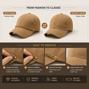 Premium Detachable Gold Chain 3D Puff Letter Printing Khaki Twill Baseball Cap Hip Hop Streetwear Custom <strong>Hat</strong> - Product Image 2