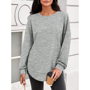 Sudadera de cuello redondo para mujer, manga larga, dobladillo asimétrico, corte holgado, informal, para otoño, color gris - Product Image 2