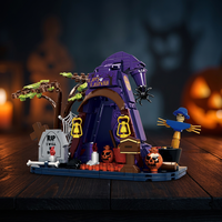 Ensemble de construction de maison chapeau de sorcière d'Halloween, scène effrayante avec arbre, pierre tombale, épouvantail, citrouille, briques, décoration DIY, cadeau2