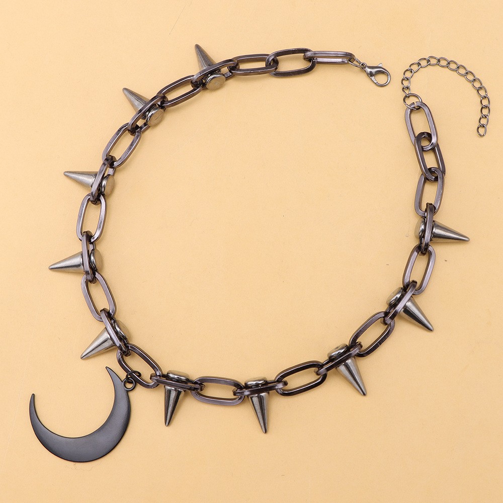 Gunmetal Black Studded Moon Necklace
