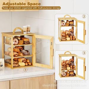 Caja de pan de bambú de tres capas con asa, contenedor de almacenamiento transparente ajustable para pan y pasteles, 12,6x12,6x16,5 pulgadas - Product Image 3