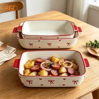 Ensemble de 3 ustensiles de cuisson en céramique empilables avec poignées en porcelaine à motif cœur et nœud papillon rouge, forme rectangulaire, compatibles micro-ondes, pour la maison