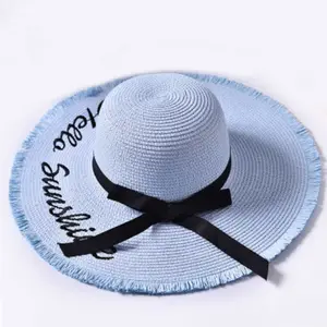 Sombrero de sol plegable con letras bordadas, sombrero de paja de ala ancha