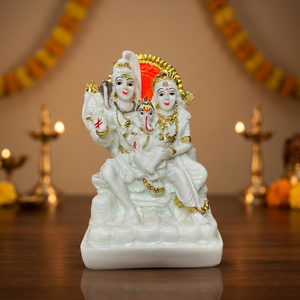 Idole Shiva Parivar en or blanc de 5 pouces, finition marbre, Shiva Parvati Ganesha Murti pour la maison, le temple, le bureau, le salon et la salle de séjour - Product Image 1