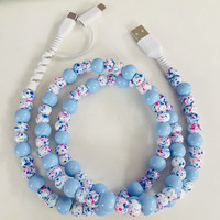 Câble de charge rapide USB-C 3-en-1 personnalisé bleu ciel moucheté avec perles, accessoires décoratifs frais pour voiture