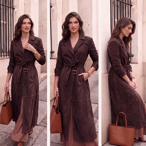Manteau <span class=keywords><strong>trench</strong></span> chic en <span class=keywords><strong>daim</strong></span> beige avec ceinture, veste mi-longue en <span class=keywords><strong>daim</strong></span> pour femme, vêtement d'extérieur décontracté pour l'automne, idéal pour le streetwear et le bureau - Product Image 3
