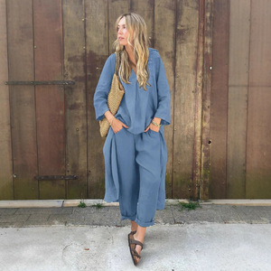 Nuovo modello primaverile da <span class=keywords><strong>donna</strong></span> 2 pezzi per <span class=keywords><strong>camicia</strong></span> Plus Size in cotone <span class=keywords><strong>e</strong></span> <span class=keywords><strong>lino</strong></span> pantaloni larghi a vita alta - Product Image 4