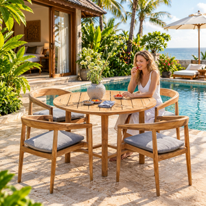 Wooden <b>Garden</b> <b>Table</b> Set Round Outdoor Dining Furniture Patio Seating Set with Cushioned <b>Chairs</b> for Villa Poolside - Product Image 2