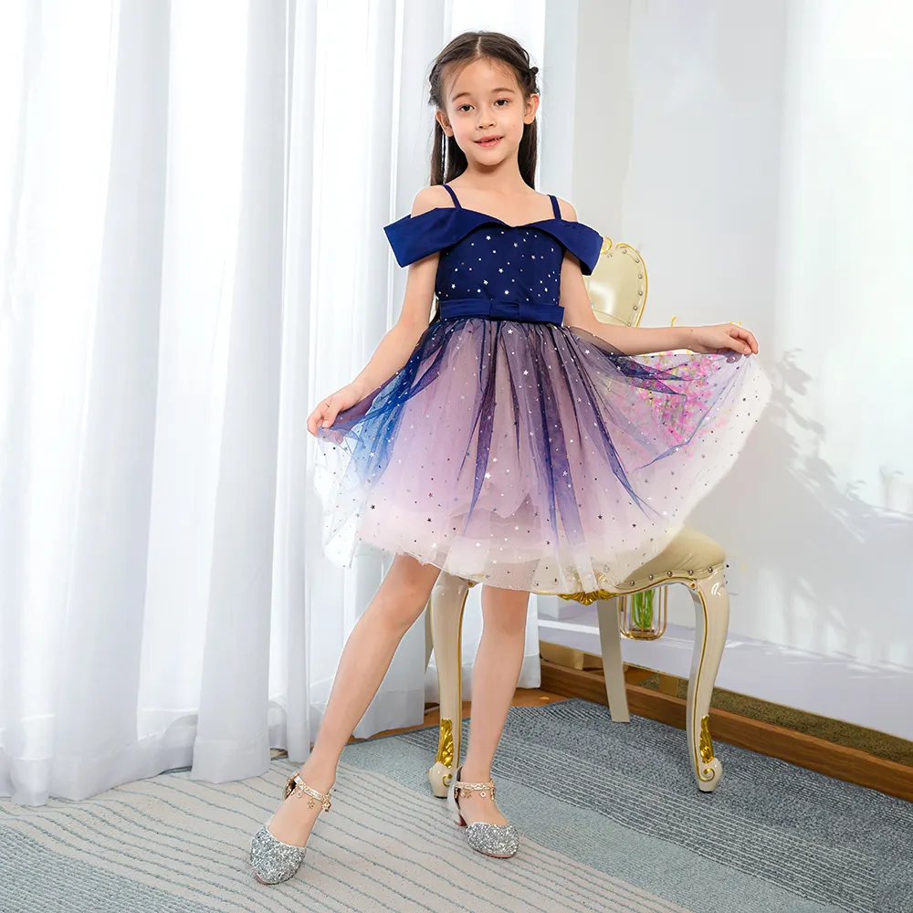 2021 Meiqiai New Summer Girls Kleid Lila Pailletten Puffy Dress One-Shoulder träger loses Kinder kleid L5200