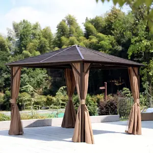 Kayu Solid Teras Gazebo Cedar Dibingkai Luar Pavilion Cabana dengan Baja Hitam Gable Atap Hardtop 12 'X 10' Bingkai