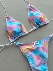 セクシーブルーピンクのグラデーションレースプリントマイクロビキニ2026女性弓ストラップパールプッシュブラ包帯ひも2ピースセットウエスト水着 - Product Image 5