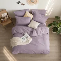 Parure de lit en coton lavé 100% pur, couleur unie violet lavande doux, respirante, luxueuse et douce pour la peau, disponible en tailles Queen et King