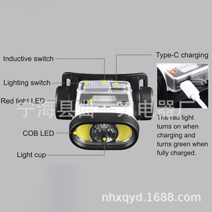 Lampe frontale LED rechargeable 1200mAh, charge Type C, camping, pêche, course nocturne, éclairage extérieur - Product Image 3