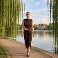 Robe longue drapée en satin marron avec détail noué